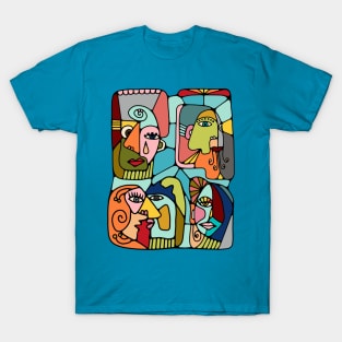 Cubist Picasso Style Faces In Mid Century Modern Colors T-Shirt